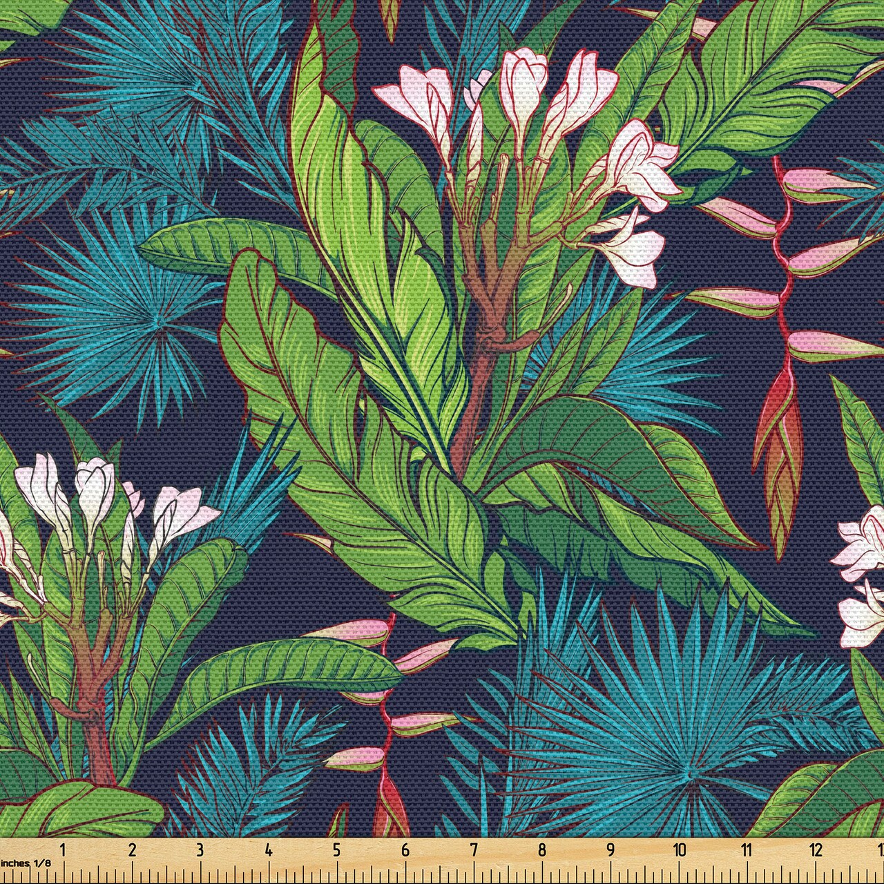 Ambesonne Leaf Fabric by the Yard, Tropical Jungle Palm Tree Banana Leaves Frangipani Heliconia on a Dark Blue Background, Decorative Fabric for Upholstery and Home Accents, Multicolor